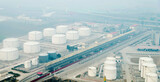 Aerial view of large storage tanks at factory