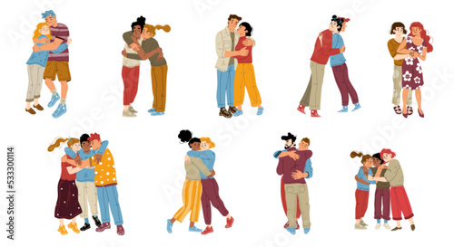 Happy friends and couples hug. Concept of friendship, positive emotions, good relationships. Diverse adult people and kids embraces isolated on white background, vector flat illustration