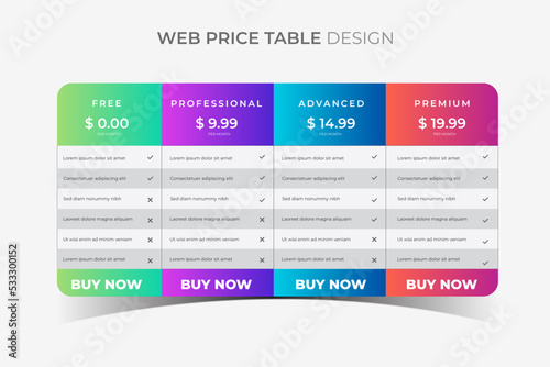 Multiple options grid price table templates