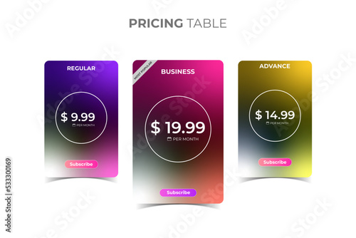 Gradient Color Pricing tables template plans