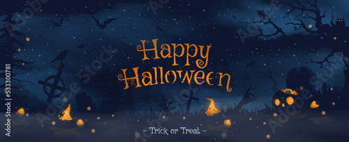 Happy halloween banner or party invitation background with blue fog clouds and pumpkins