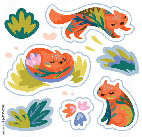Collection of cute foxes with floral elements inside and herbal stickers 