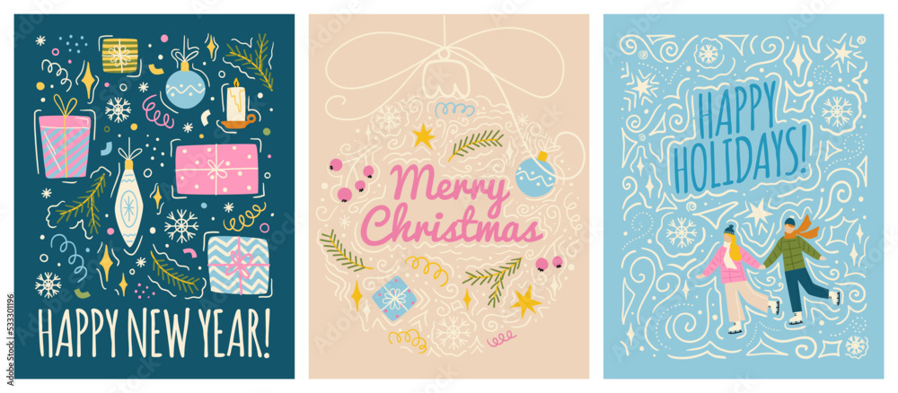 Obraz premium Merry christmas and happy new year greeting cards template. Vector set of winter holiday illustrations in vintage style. Christmas tree and toys. 2023 new year hand drawn poster