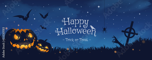 Canvastavla Happy halloween banner or party invitation background with blue fog clouds and p