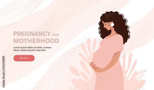 Beautiful pregnant black woman hugging her belly, concept of pregnancy and motherhood, vector illustration for doula, obstetrics, doctor. Modern landing page in flat cartoon design.