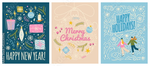 Merry christmas and happy new year greeting cards template. Vector set of winter holiday illustrations in vintage style. Christmas tree and toys. 2023 new year hand drawn poster