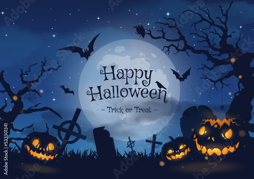 Happy halloween banner or party invitation background with blue fog clouds and pumpkins