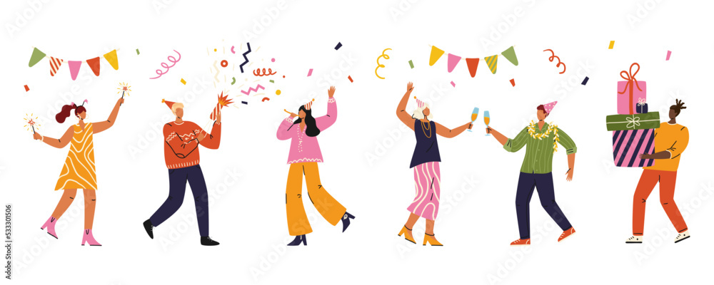 Happy people celebrating holiday with confetti, champagne and gifts. Isolated characters vector set. Man and woman having fun with friends celebrate birthday. New year and christmas party Happy people celebrating holiday with confetti, champagne and gifts. Isolated characters vector set. Man and woman having fun with friends celebrate birthday. New year and christmas party
