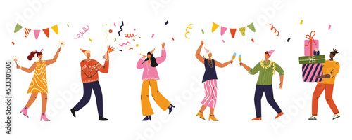 Happy people celebrating holiday with confetti  champagne and gifts. Isolated characters vector set. Man and woman having fun with friends celebrate birthday. New year and christmas party