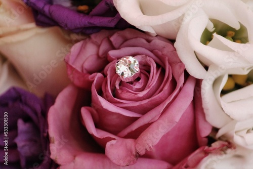Bridal love presentation with flowers ring bouquet