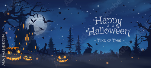 Happy halloween banner or party invitation background with blue fog clouds and pumpkins