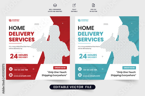 Home delivery service advertising web banner template with red and aqua colors. Modern home delivery service social media post vector. Express delivery service square template design.