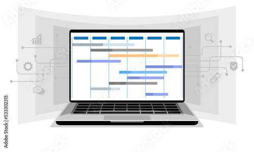Planning concept. Digital online calendar, work tasks, making schedule using calendar. Business and organization, graph, chart, timetable, diagram, list, roster. Flat design, vector illustration