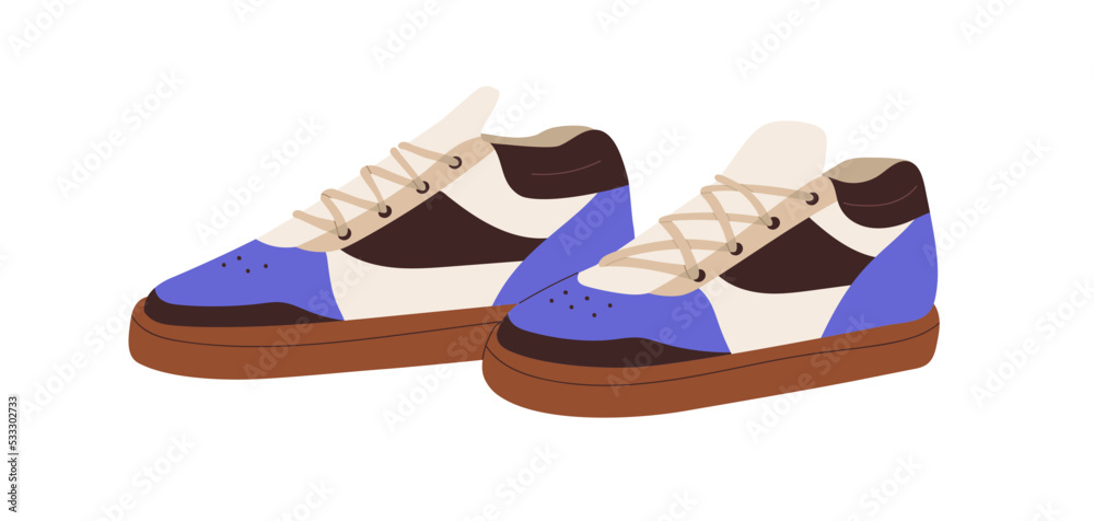 Naklejka premium Modern sneakers, laced sport shoes pair. Comfortable fashion casual footwear design. Comfy trendy trainers, tricolor sportive footgear. Flat vector illustration isolated on white background