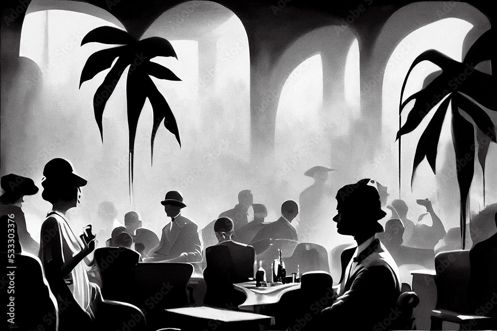 Czarno-białe egzotyczne wnętrze retro klubu rozrywkowego. Sylwetki ludzi w kinowej ilustracji zabytkowego klubu nocnego z cieniami palm - obrazy, fototapety, plakaty 