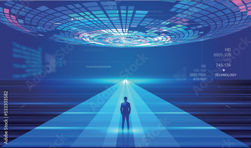 Businessman facing spaceship UFO futuristic technology concept illustration
