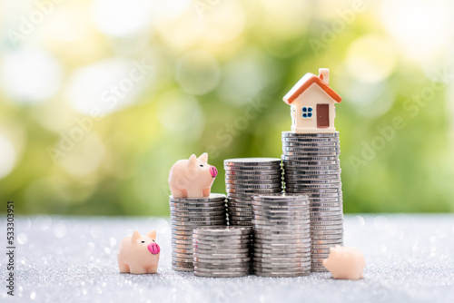 House model placed on top of the growth direction coin, business rep ive pig model placed together. Start up business, Joint investment in real estate business or business partners concept.