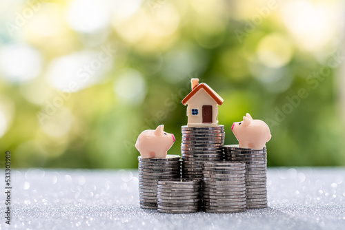 The gold coins are arranged vertically with a house model and pig model instead of businessman placed on top. Start up business, Joint investment in real estate business or business partners concept.