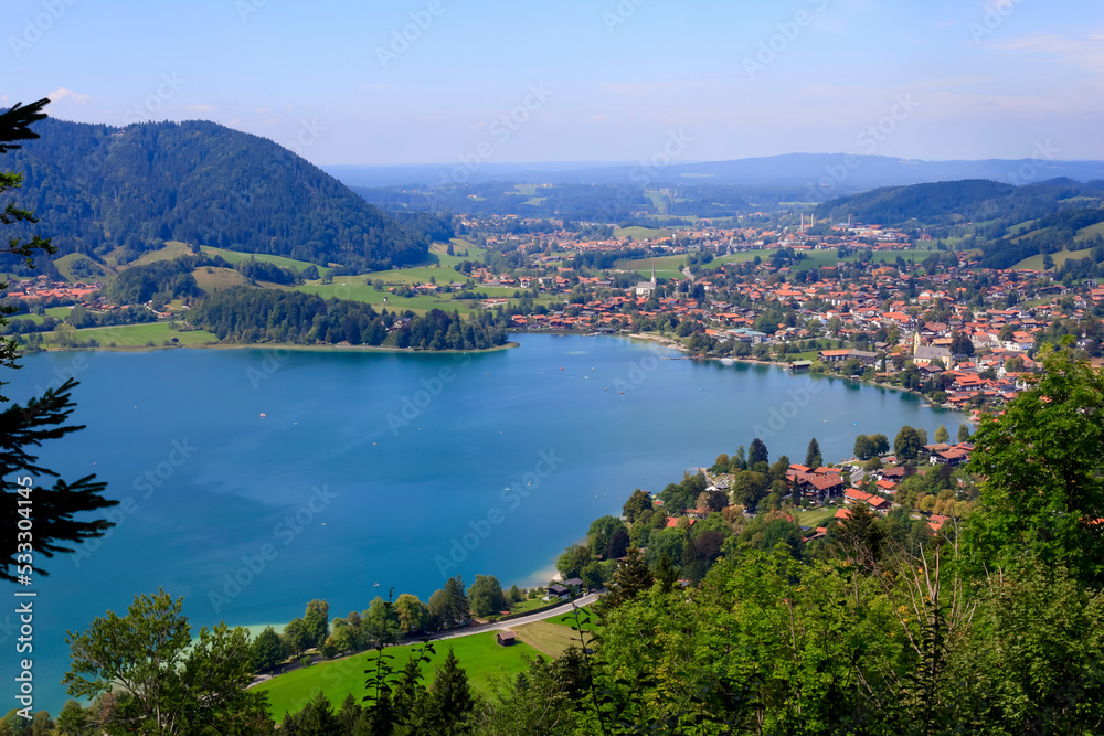 Germany, Bavaria, Schliersee, View of lake Schliersee and surrounding town in summer Germany, Bavaria, Schliersee, View of lake Schliersee and surrounding town in summer