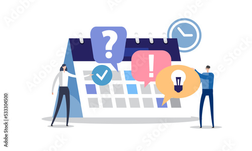 Planning, Scene people concept. Work tasks, making schedule using calendar. Business and organization, graph, timetable, list, roster. Problems, ideas, solutions Flat design, vector illustration