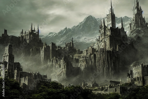 Photographie Digital art illustration featuring an evil dark fortress among mountains