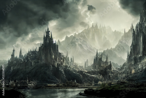 Print op canvas Illustration of an evil dark fortress among mountains with a lake in front