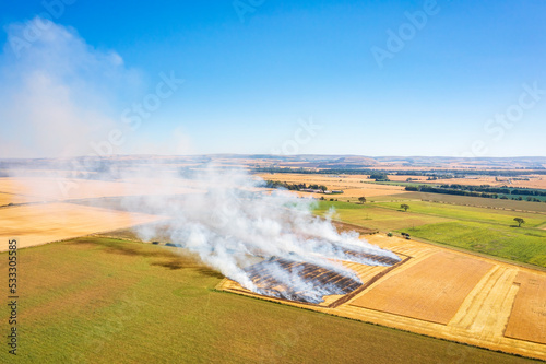 UK, Scotland, Aerial view of burning wheat field