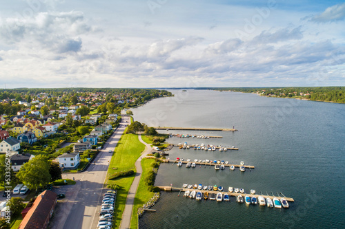 Aerial view of Västervik shores close to the old city, Västervik, Kalmar, Sweden photo