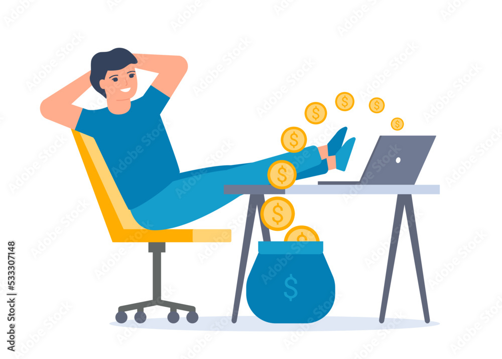 Fototapeta premium Passive income, internet salary, getting money on computer. Man work and relax in chair while coins fly out of computer. Easy earning money. Vector illustration