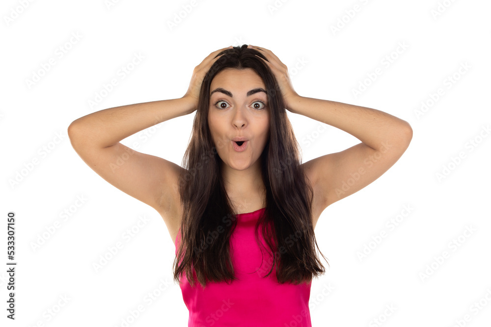 Woman excited wearing pink top