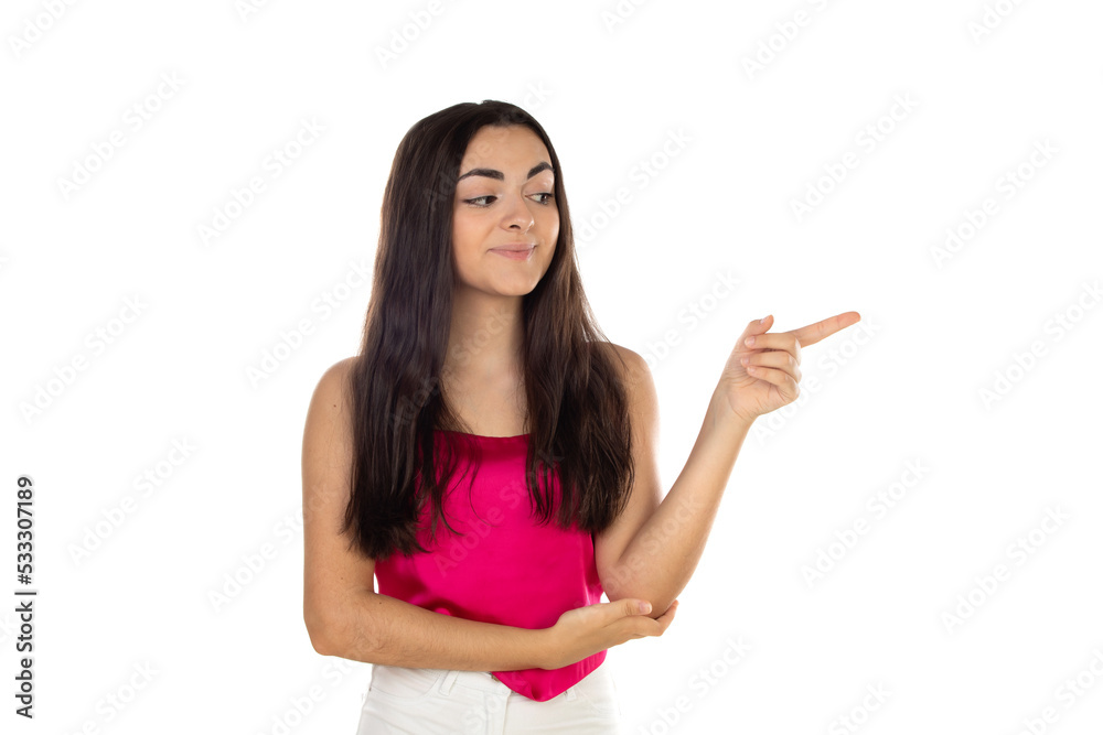 Portrait with copy space of charming, pretty, nice, stylish, brunette, trendy woman pointing forefinger on empty place Portrait with copy space of charming, pretty, nice, stylish, brunette, trendy woman pointing forefinger on empty place