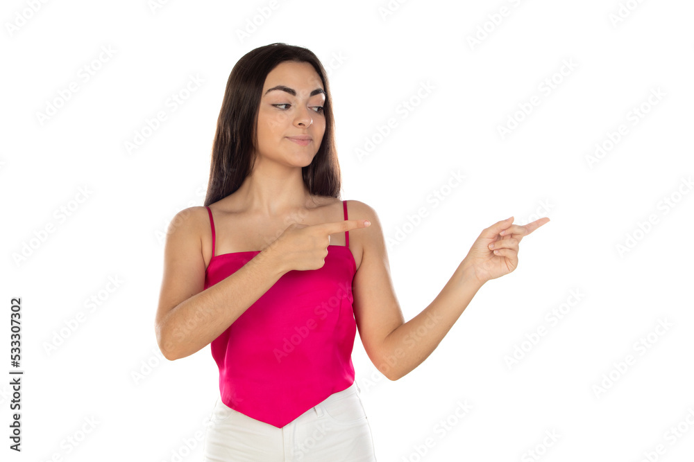 Portrait with copy space of charming, pretty, nice, stylish, brunette, trendy woman pointing forefinger on empty place Portrait with copy space of charming, pretty, nice, stylish, brunette, trendy woman pointing forefinger on empty place