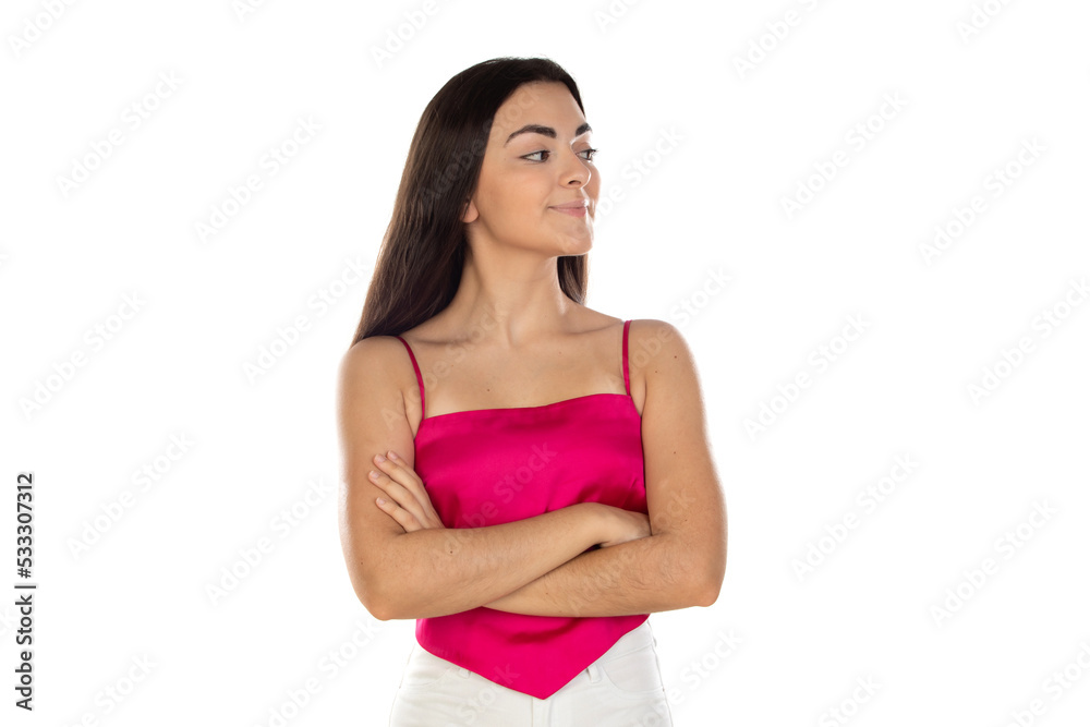 Photo of young charming girl look empty space contemplate solve thinking Photo of young charming girl look empty space contemplate solve thinking