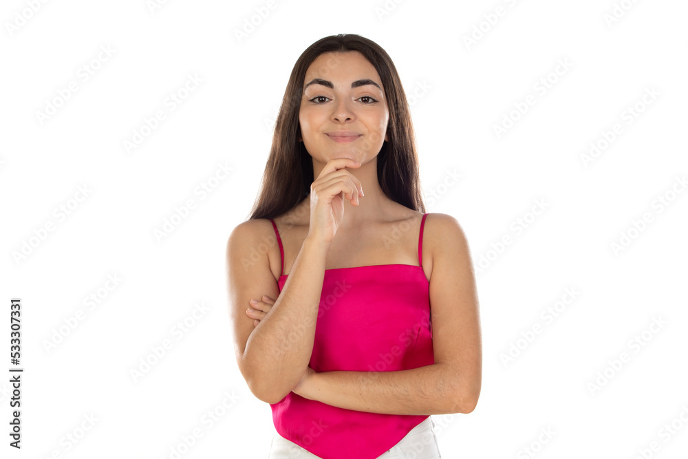 Photo of young charming girl look empty space contemplate solve thinking Photo of young charming girl look empty space contemplate solve thinking