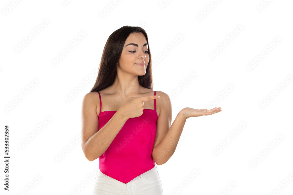 Portrait with copy space of charming, pretty, nice, stylish, brunette, trendy woman pointing forefinger on empty place Portrait with copy space of charming, pretty, nice, stylish, brunette, trendy woman pointing forefinger on empty place
