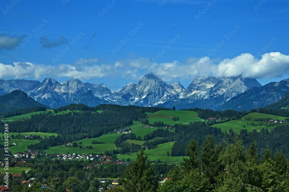Austrian Alps - view from the Wurbauerkogel chairlift to the town of Windischgarsten and the Totes Gebirge mountains