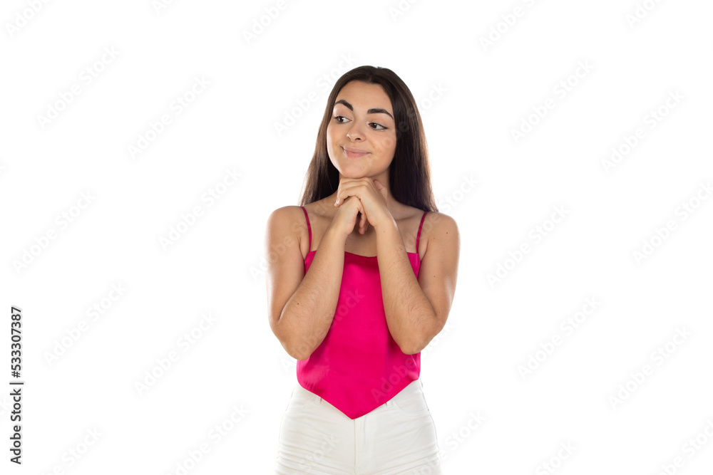 Photo of young charming girl look empty space contemplate solve thinking Photo of young charming girl look empty space contemplate solve thinking