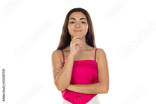 Photo of young charming girl look empty space contemplate solve thinking