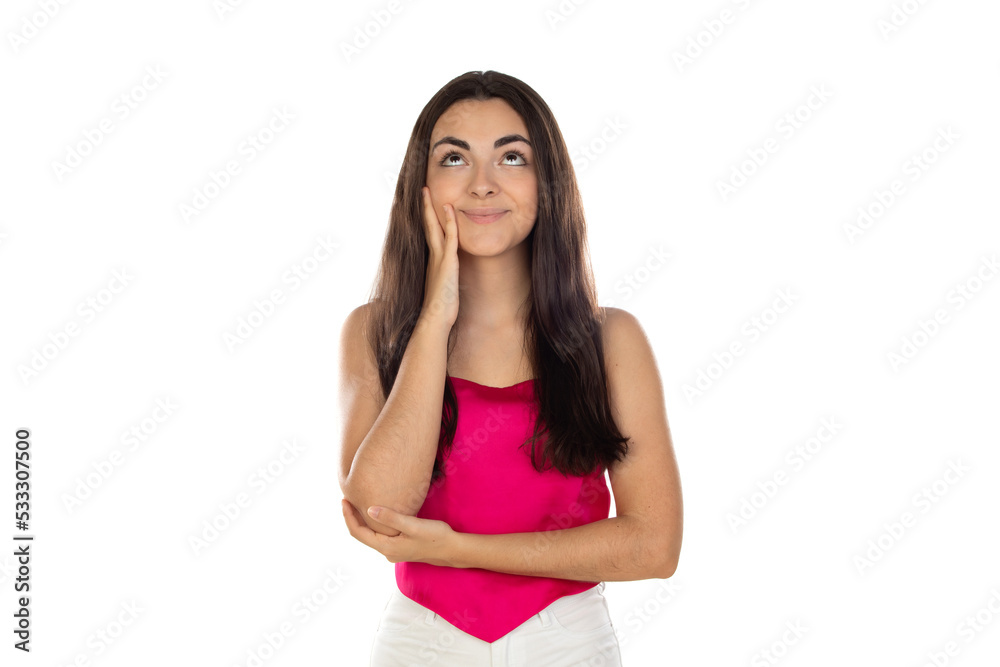 Photo of young charming girl look empty space contemplate solve thinking Photo of young charming girl look empty space contemplate solve thinking