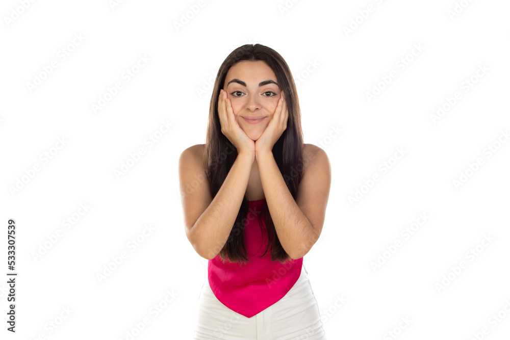 Photo of young charming girl look empty space contemplate solve thinking Photo of young charming girl look empty space contemplate solve thinking