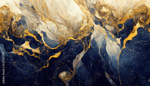 Abstract luxury marble background. Digital art marbling texture. Blue and gold colors. 3d illustration