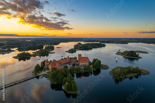 Aerial autumn beautiful sunset view of Trakai, Trakai Island Castle, Lithuania