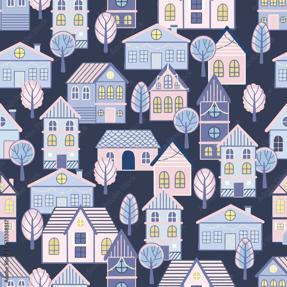 Vector Seamless pattern with hand drawn tree and house. Great for fabric, textile vector illustration