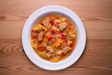 Menorcan soup. Traditional recipe from the island of Menorca in the Balearic Islands. Traditional tapas from the islands with bread, peppers and white cabbage.