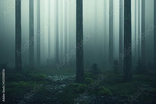 Dark autumn forest. Atmospheric foggy woods. 