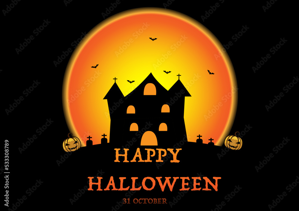 Scary house on the hill among the bush under full moon.Editable vector image,Vector illustration of Halloween background.