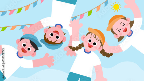 An illustration of children waving their hands happily