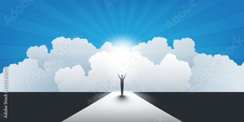 New Possibilities, Hope, Dreams - Business, Solutions Finding or Reaching Heaven Concept Design - Man Standing Under a Cloudy Sky, Rays of Bright Light at the End of the Road