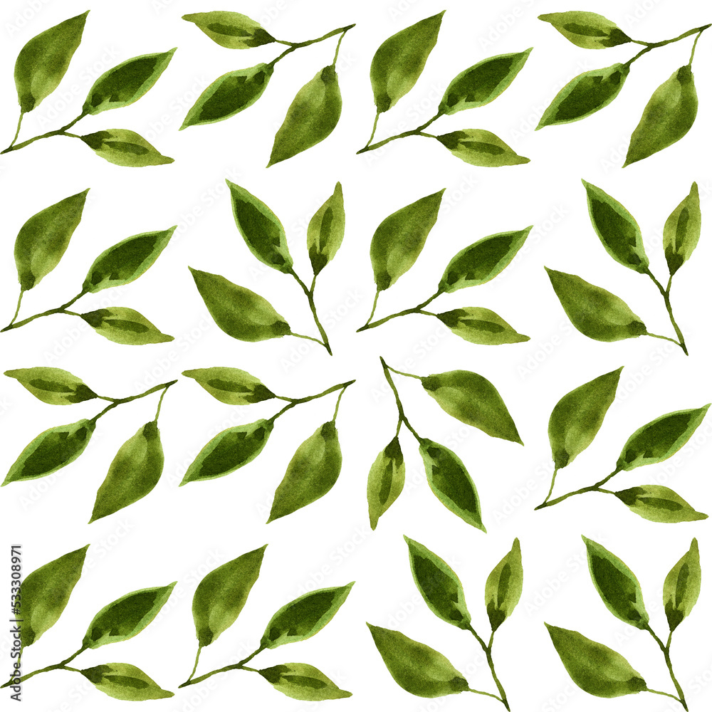 Watercolor seamless pattern with simple leaves drawing. Romantic nature background in pastel colors on white.