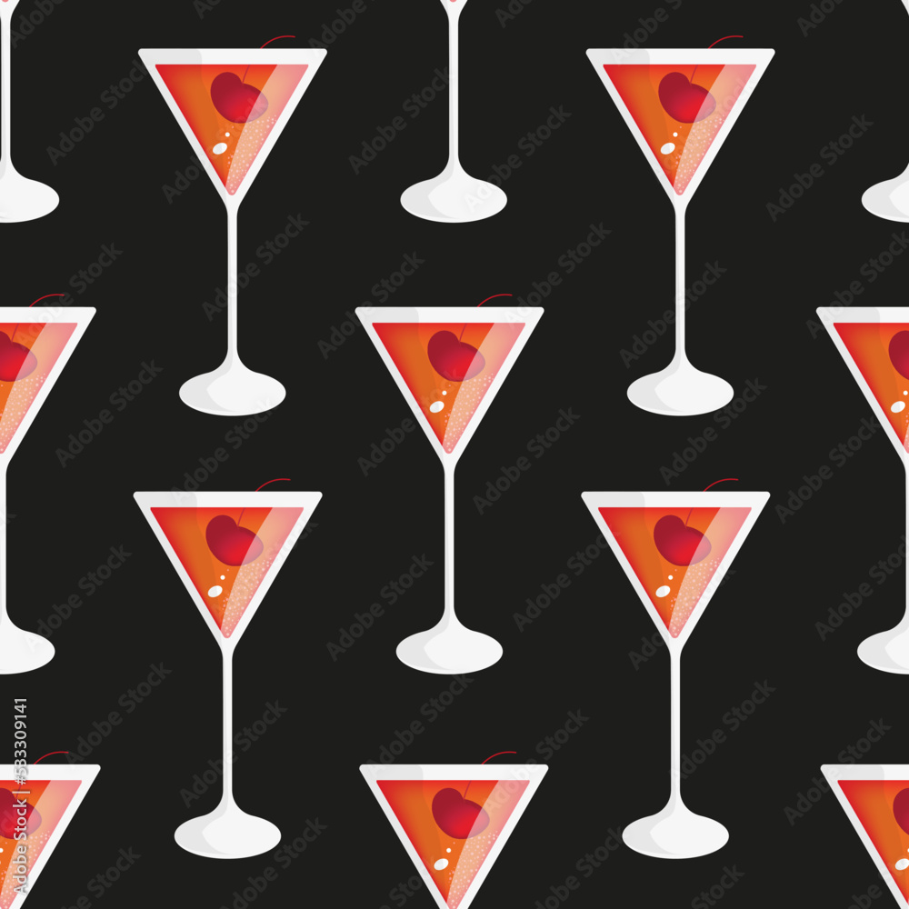 Seamless pattern with triangle glass with a cosmopolitan cocktail with cherry on black background. Vector illustration with red alcohol cocktail with lemon and cranberry juice, liqueur. Seamless pattern with triangle glass with a cosmopolitan cocktail with cherry on black background. Vector illustration with red alcohol cocktail with lemon and cranberry juice, liqueur.